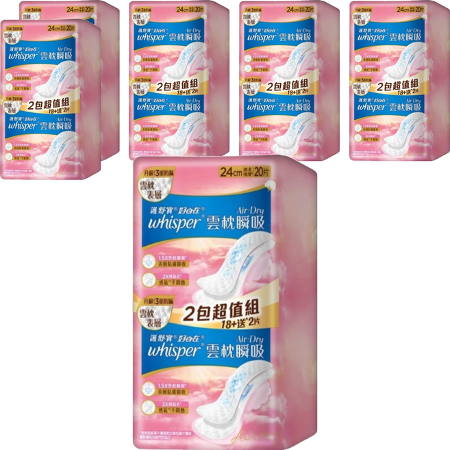 whisper 好自在 台灣公司貨 Air Dry 雲枕瞬吸日用衛生棉, 24cm, 20片, 6袋
