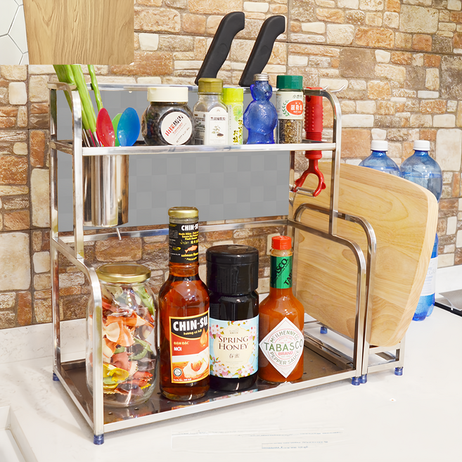 Lifecode 生活密碼 收納王不鏽鋼雙層置物架 附砧板架 + 杯架 + 掛勾 2個, 1個, 銀色