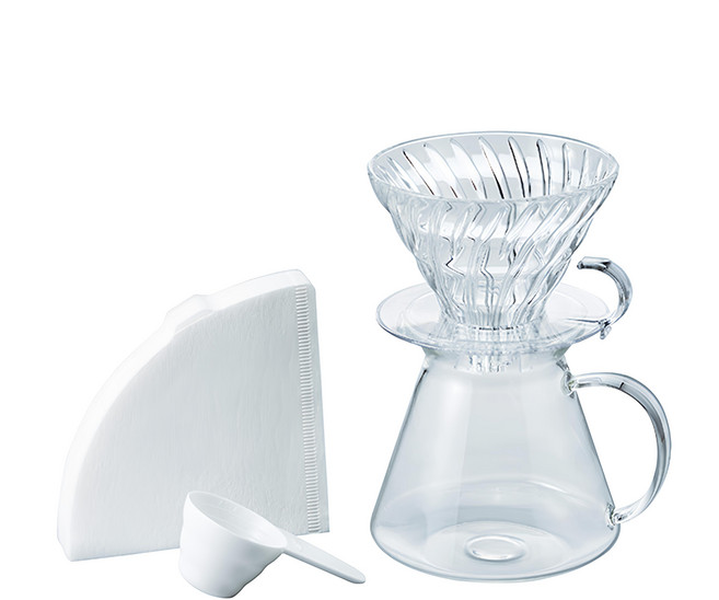HARIO 好璃奧 SIMPLY V60清透玻璃手沖組 S-VGBK-02-T, 1組, 壺 + 濾紙 + 濾杯, 2~5杯