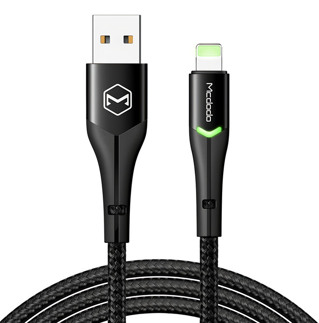 Mcdodo 麥多多 偉麗雙LED線 iPhone LED指示燈 SR加長加固保護 尼龍編織線, 1.2m, 黑色, 1條