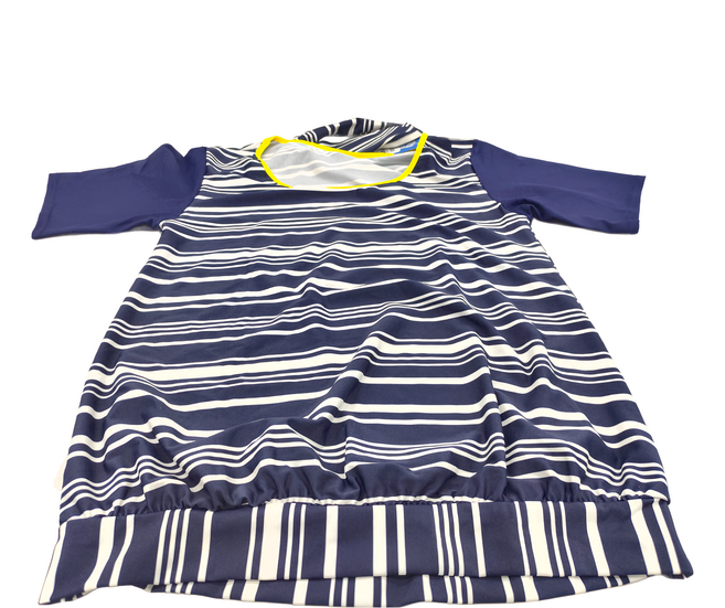 Summer love 夏之戀 大女長版二件式泳裝 Set 含長版上衣+褲連衣裙+泳帽(附活動式罩杯) 標準寬肩帶 尼龍80%+彈性纖維20%, 藍白條紋