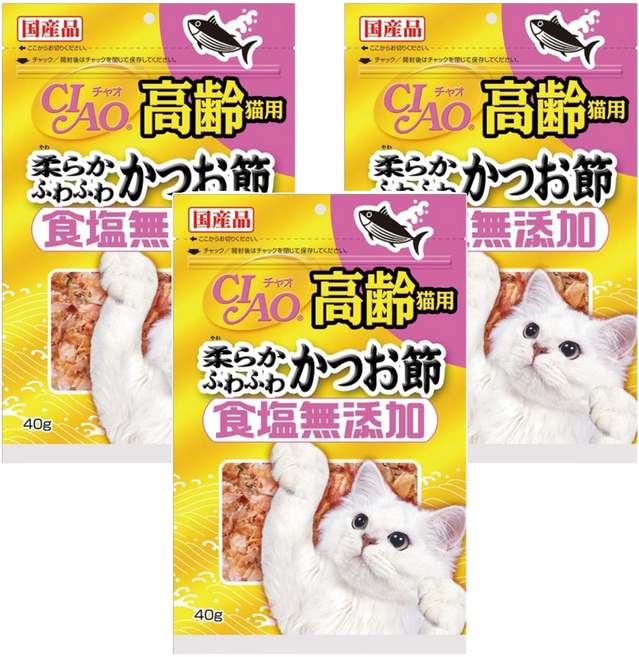 INABA 高齡貓用 食鹽無添加 柴魚片 CS-20, 40g, 3包, 鰹魚口味