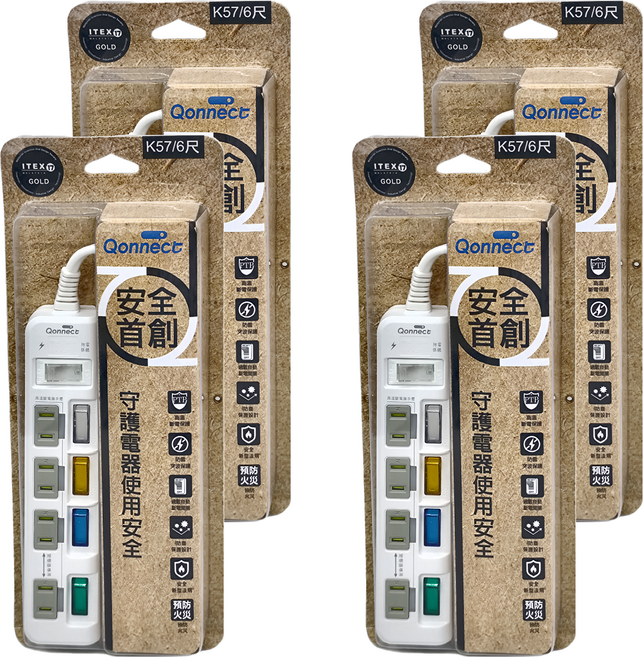 Qonnect 5開4插2P高溫斷電延長線, 1.8m, 白色, 4條