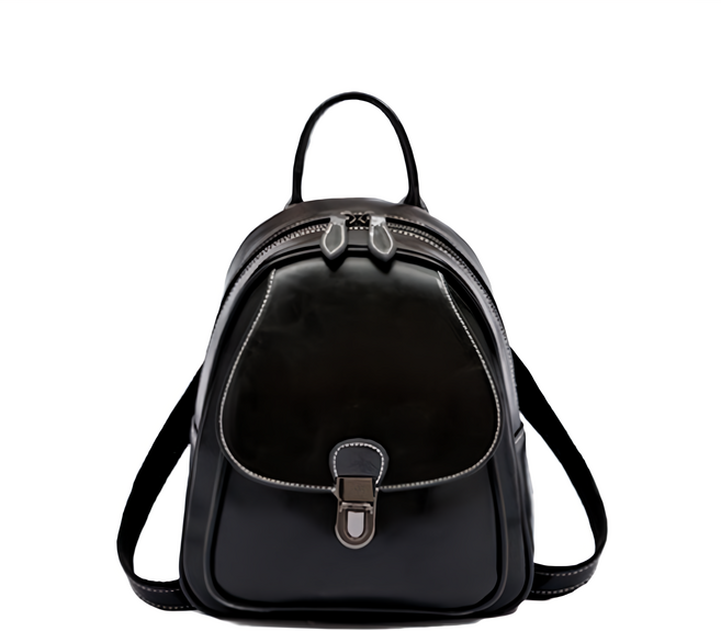 真皮油蠟牛皮女士小型雙肩包 手提/肩背/後背, 黑色