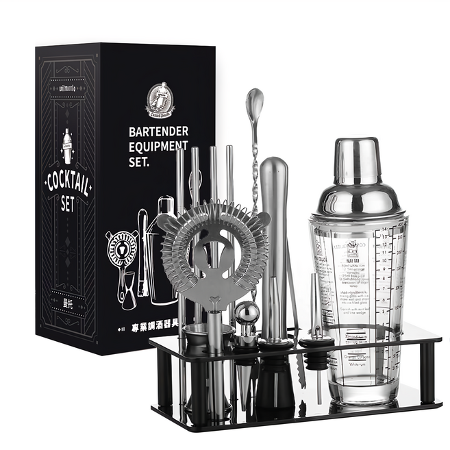 調酒用具 18件組玻璃調酒器 玻璃雪克杯400ml + 濾水器 + 碎冰棒 + 吧叉匙 + 量酒器 + 酒嘴套2個 + 酒嘴2個 + 酒針2個 + 酒塞 + 冰夾 + 吸管4根 + 收納座, 透明色 + 銀色, 1組
