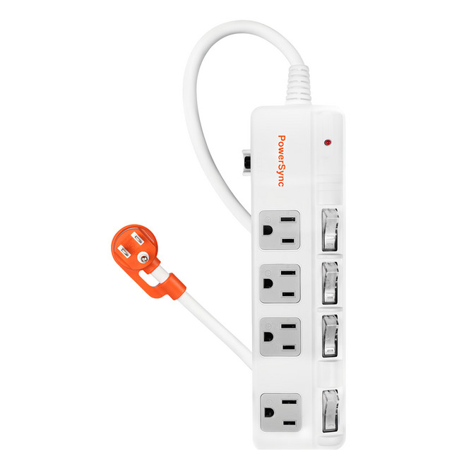 PowerSync 群加 4開斜面開關防雷擊抗搖擺延長線 4孔 TPS344BN9027, 2.7m, 1條, 白色