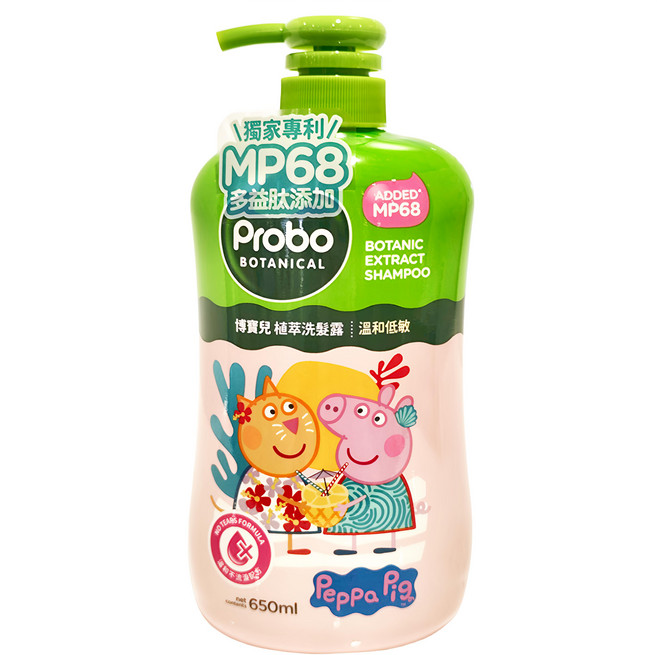 Probo 博寶兒 植萃洗髮露 佩佩豬 大小燕麥植萃精華 含人蔘精華 卡通人物外包裝, 650ml, 1瓶