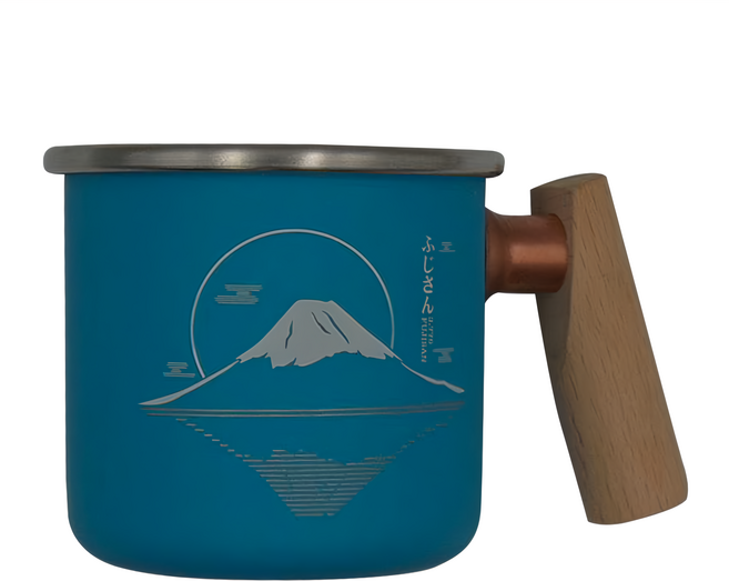 Truvii 趣味 木柄白鐵杯 400ml, 河口藍 富士山, 1個