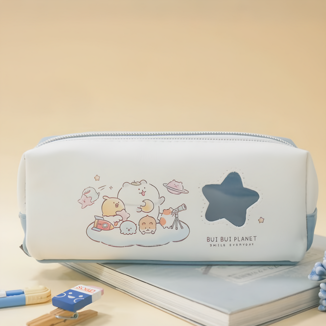 JOY STAR 九達 皮質雙拉鍊筆袋 JPC-152B 85 x 200 x 60mm, 灰藍色, 1個