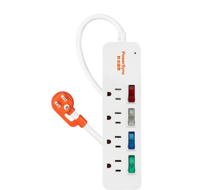 PowerSync 群加 4開彩色開關防雷擊延長線 4孔 TS4C9012, 1.2m, 1條, 白色