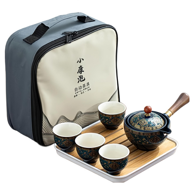 小康泡 360度茶具組 附收納包, 泡茶器 + 4個品茗杯 + 泡茶盤, 墨青金盞花款, 1組