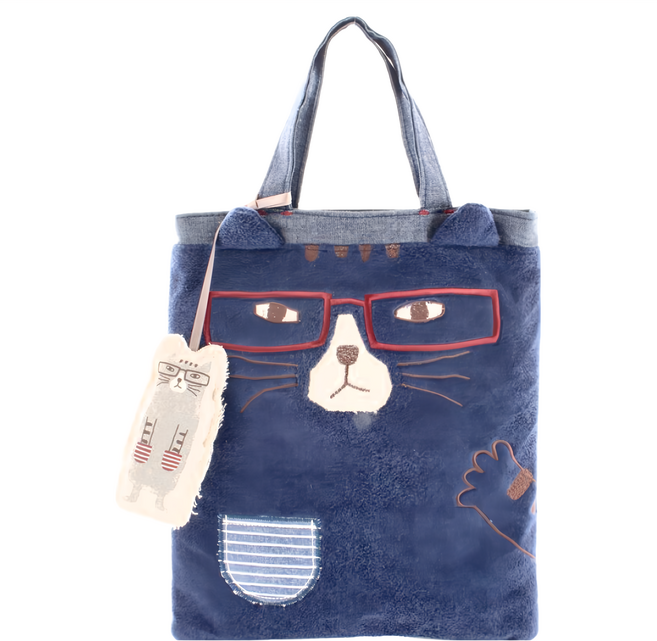 kUSUgURU JAPAN 日本眼鏡貓 NEKOMARUKE貓丸系列 貓掌口袋造型手提包, 藍色
