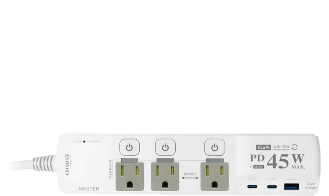 aiwa 愛華 多孔快充延長線 3孔插座 45W PD+QC雙閃充 USB Type-C, 白色, 1.8m, 1條