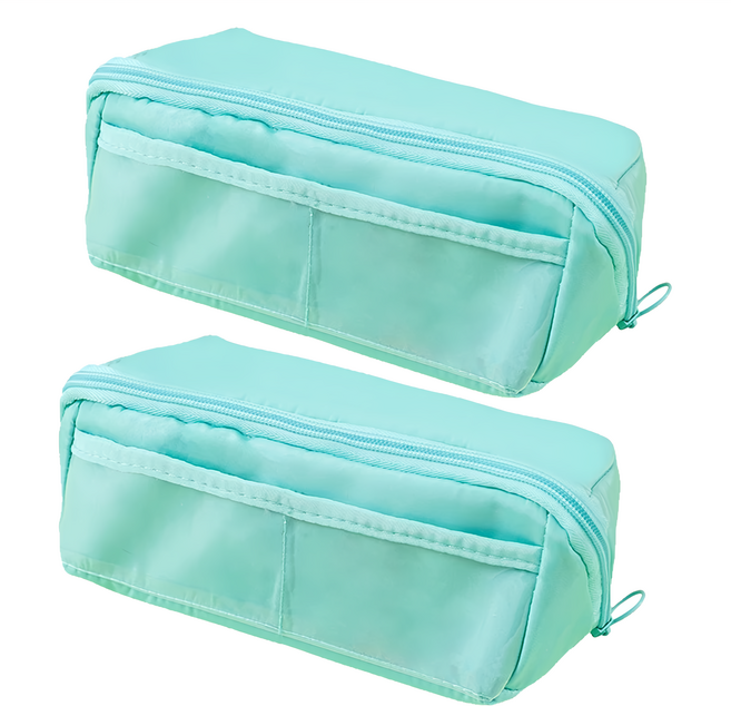 大容量透明雙層文具筆袋 全開款, 綠色, 2個