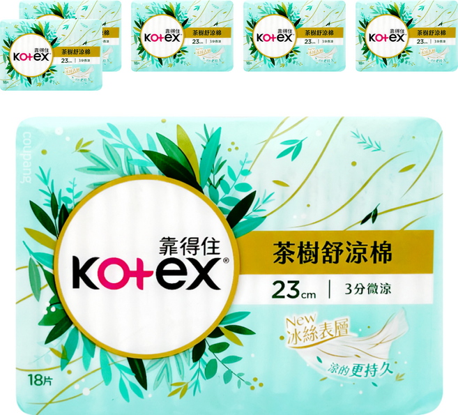 Kotex 靠得住 茶樹舒涼 涼感衛生棉 3分微涼 護翼型, 日用一般型 23cm, 18片, 6包