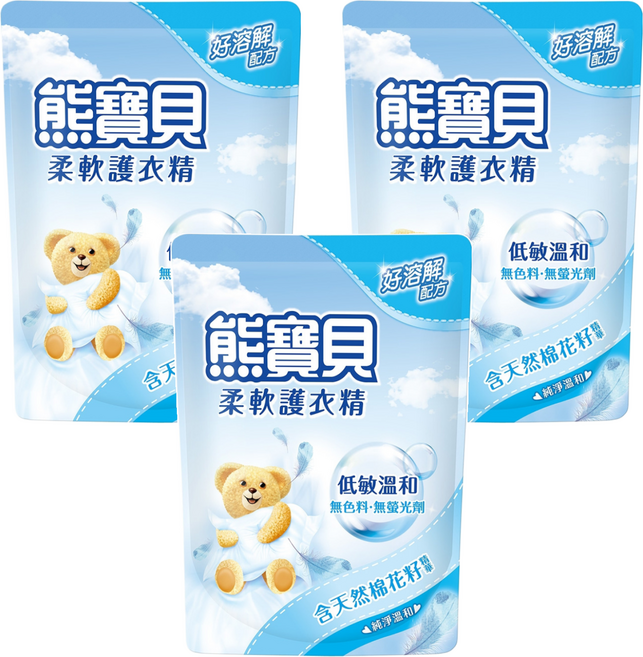 Snuggle 熊寶貝 衣物柔軟精 補充包 純淨溫和, 1.84L, 3包