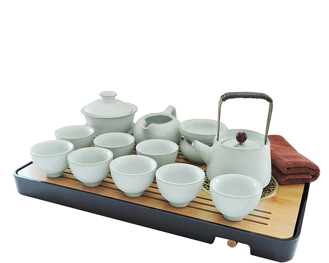 汝窯功夫茶具組 Set 陶瓷 ABS 實木, 1個, 提梁壺 + 茶杯 + 公道杯 + 茶漏 + 茶盤