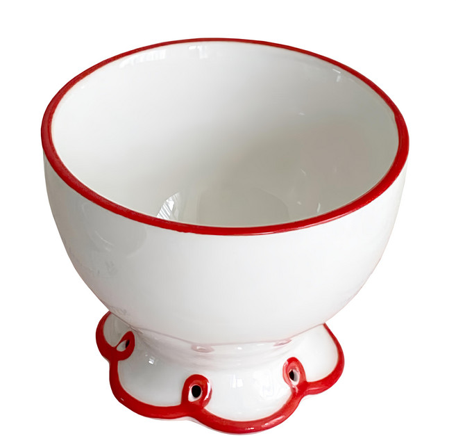 THEHADA 花朵造型 復古波浪花邊陶瓷碗 白底紅邊, 白色, 1個