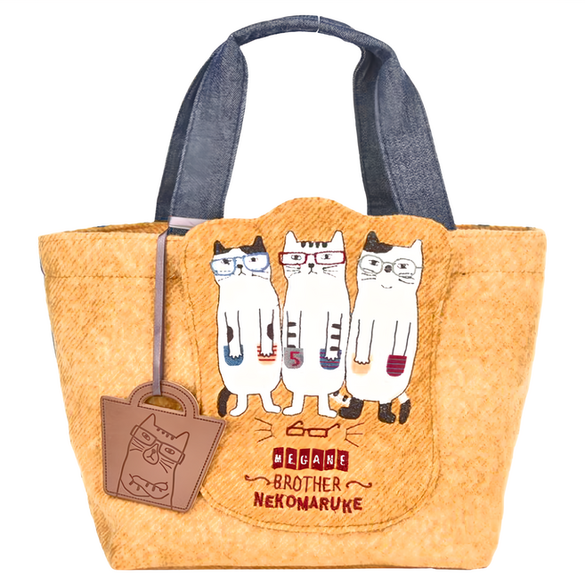 kUSUgURU JAPAN 日本眼鏡貓 NEKOMARUKE貓丸系列 羊毛質感摩洛哥風格寬底拉鍊手提包 附皮質造型掛飾, 芥末黃