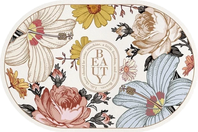 硅藻土地墊, 白底牡丹, 1個