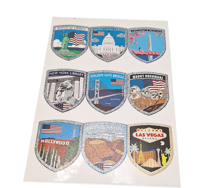 A-ONE 匯旺 美國旅遊玻璃靜電貼紙 9小張, 銀蔥彩色