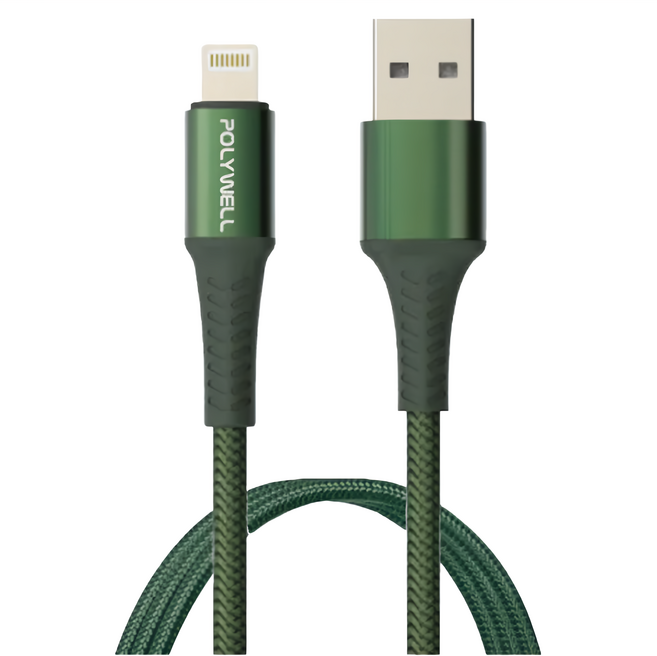 POLYWELL 寶利威爾 USB-A-Lightning 公對公 編織充電線 PW15-W45-A280, 綠色, 1條