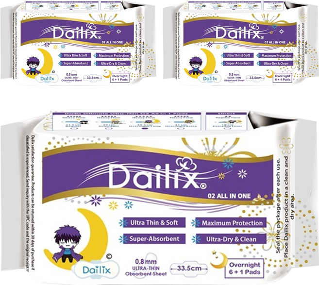 Dailix 吸血鬼超瞬吸 抑菌淨味乾爽衛生棉 護翼型, 夜用加長型(33.5cm), 7片, 3包