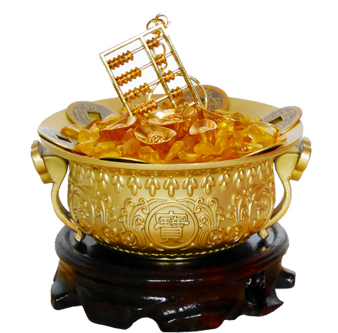 命運好好玩 李行 五路齊發黃銅聚寶盆 含金算盤 招財元寶 帝王銅錢 黃水晶, 黃銅色, 1個