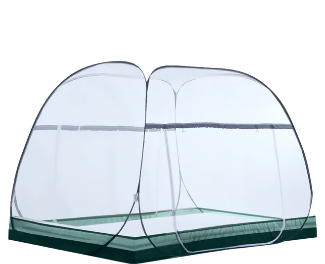 台灣 Life plus 2024夏季最新款 加大加寬加高免安裝蒙古包雙開門蚊帳, 雙人款 條紋綠色