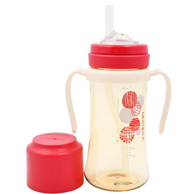 MOTHER-K PPSU多功能學飲吸吸杯 365度不漏 LSR超柔軟矽膠吸管, 石榴紅, 300ml, 1個