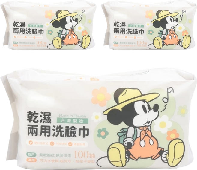 KOgi 宏瑋 迪士尼乾濕兩用洗臉巾 100抽 200x200mm 柔軟耐用 遇水不易破, 花朵米奇 白色, 3包