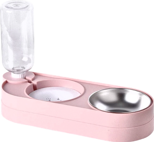 Truly House 防側翻飲水餵食器雙口寵物碗 粉色 35.4x14x6.6cm 500cc容量, 1個