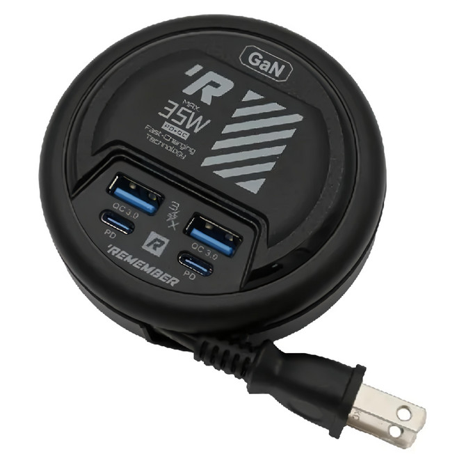 REMEMBER OUTDOOR 35W 4 Ports Type-C*2+Type-A*2 Wall Adapter 電源供應器 Fast Charging GaN Technology PD QC PPS 黑色 12 x 8.7 x 3cm 0.47m 133g 非人為破壞保固12個月