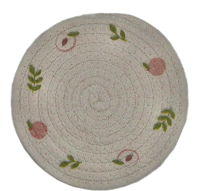 CHIFUN SENHUO 祈樂森活 棉繩編織 隔熱墊 直徑18cm 5個 桃子 印花 圓形 家用 杯墊 鍋墊 盤墊
