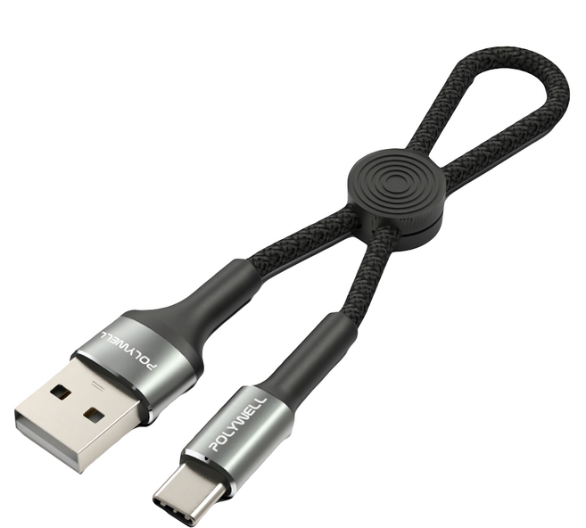 POLYWELL 寶利威爾 USB-A-Type-C 極短收納充電 PW15-W45-A339, 0.12m, 黑色, 1條
