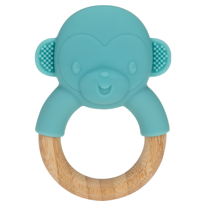 Nuby 矽膠造型櫸木固齒器, 小猴子 藍綠色, 1個