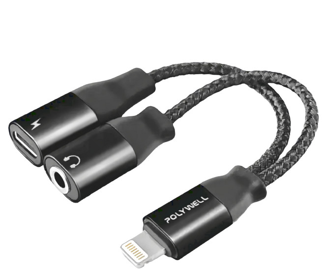 POLYWELL 寶利威爾 Lightning-3.5mm + 充電二合一 音源耳機轉接線, 13cm, 黑色, 1條