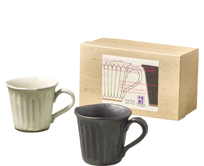 有種創意 日本美濃燒 對杯禮盒組 10 x 9cm 2入, 直刻紋 黑色 + 白色, 1組