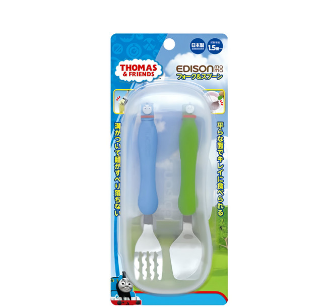 EDISON mama KJC 嬰幼兒學習餐具組, 湯匙 + 叉子, 湯瑪士小火車 藍色 + 綠色, 1.5歲後, 1組