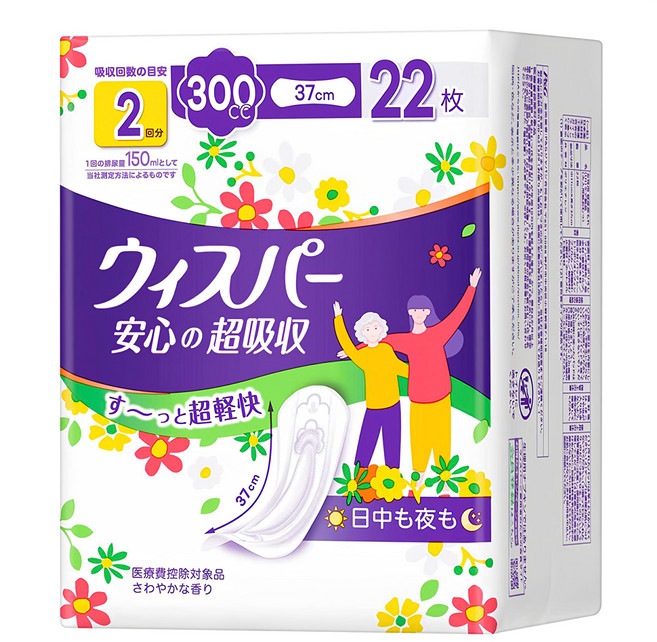 whisper 好自在 日本原裝進口 超吸收成人護墊 成人尿布 300cc, 37cm, 22片, 1包