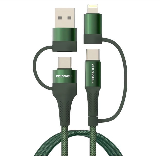 POLYWELL 寶利威爾 四合一PD編織快充線 USB-A+C+Lightning 適用安卓蘋果 PW15-W45-A274, 1m, 綠色, 1條