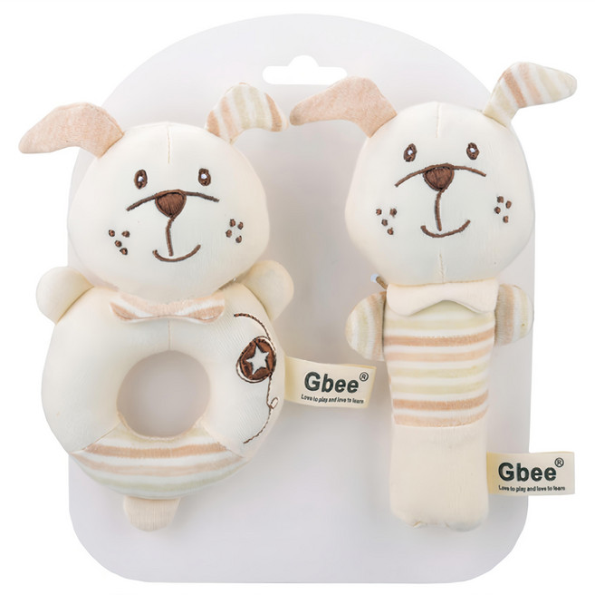 Gbee 搖鈴手抓棒 2個, 彩棉小狗 白色, 1組