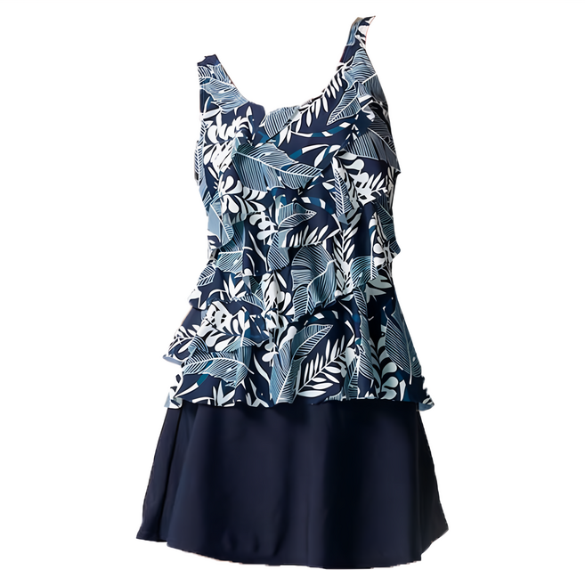 Summer love 夏之戀 大女長版二件式泳裝 Set 3L 號, 深藍色 + 白色