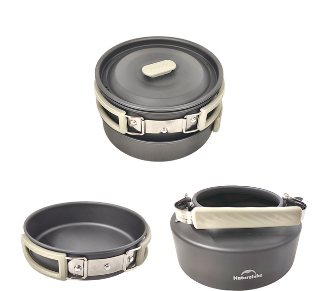 Naturehike 挪客 野行鋁合金鍋 2~4人套裝2 鍋 1.7L + 煎盤 7寸 + 水壺 0.8L, 鈦灰色 野行鋁合金鍋套裝, 1組