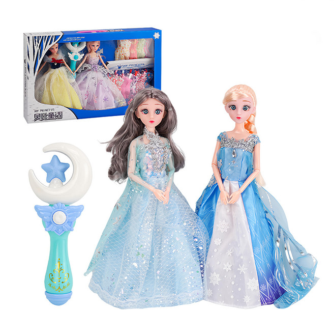 貝比童話 冰雪魔法公主 娃娃套裝組 022 魔法棒 + 衣服 10件 + 娃娃 2個, 1組, 顏色隨機