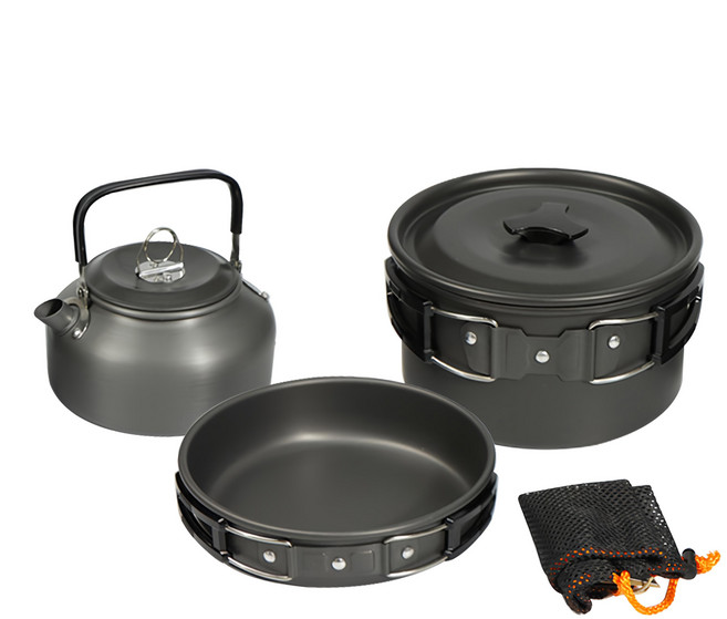 鍋具3件組 750g, 鋁合金 黑色, 湯鍋 + 煎鍋 + 水壺 + 鍋蓋 + 收納網袋, 1組