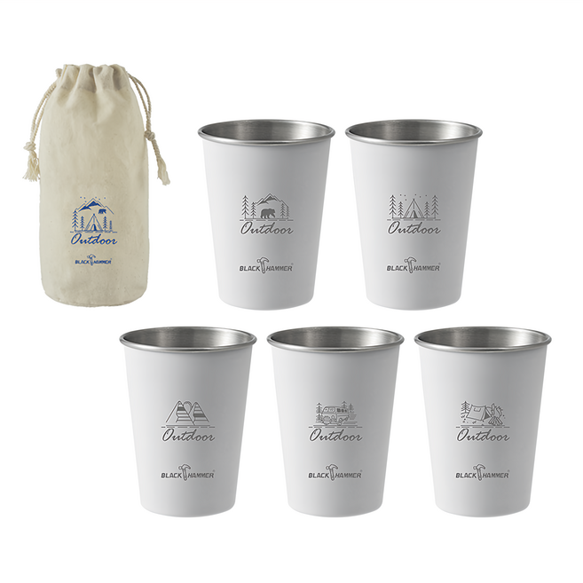 BLACK HAMMER 野趣不鏽鋼疊疊分享杯五入組 430ml 附收納袋, 白色, 1組
