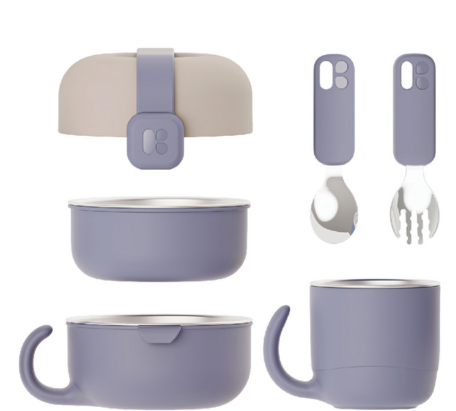 MOTHER-K Hug 外出豪華不鏽鋼餐具多件組 SUS 316不鏽鋼, 1組, 蓋子 + 小碗 + 大碗 + 杯子 + 湯匙 + 叉子 + 固定帶, 星空靛藍