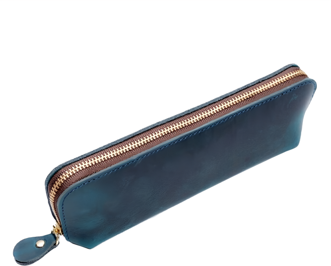 真皮頭層 瘋馬牛皮筆袋 LW10, 藍色, 1個