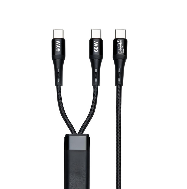 E-books Type-C-2C 60W 鋁製一轉二智慧分流充電傳輸線 XA55 支援PD快充 尼龍編織線, 1.2m, 黑色, 1條